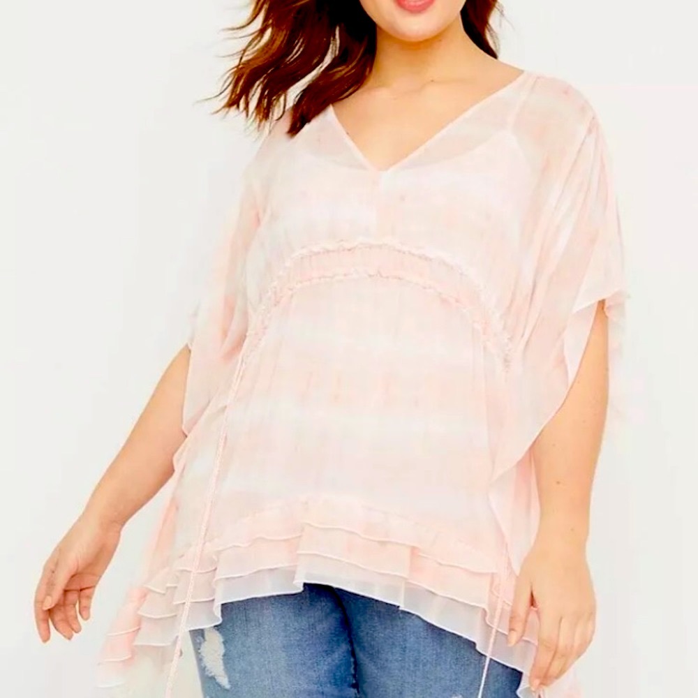 Lane Bryant light pink tiered chiffon tassel top